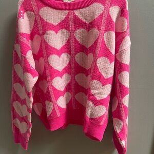 JODIFL Pink Heart Pattern Crew Neck Sweater